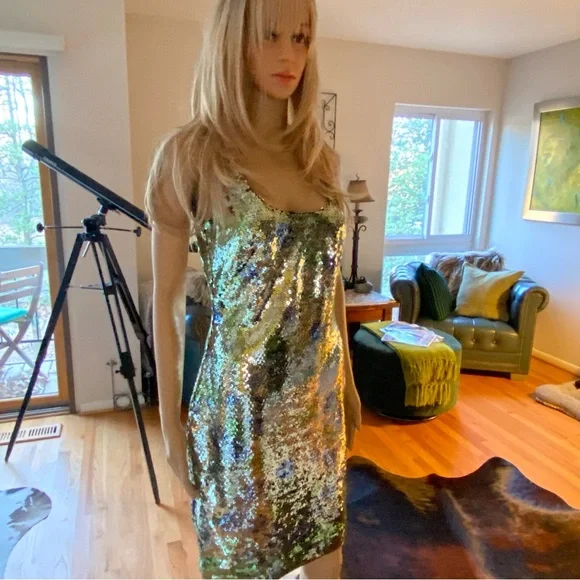 ⭐️ VERSACE— Stunning Sequined Dress, Blue/ Green/Silvery floral. GORGEOUS ! ⭐️ - Picture 1 of 17